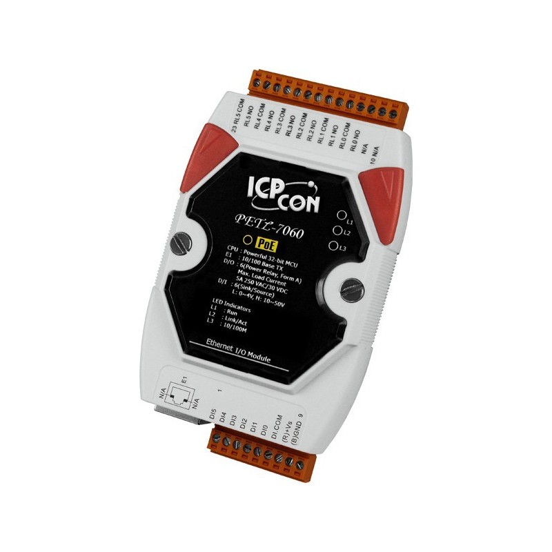 ICPDAS PETL-7060 is a Modbus module with 6 powerful relays, 6 digital input over Ethernet TCP/IP supplied from PoE
